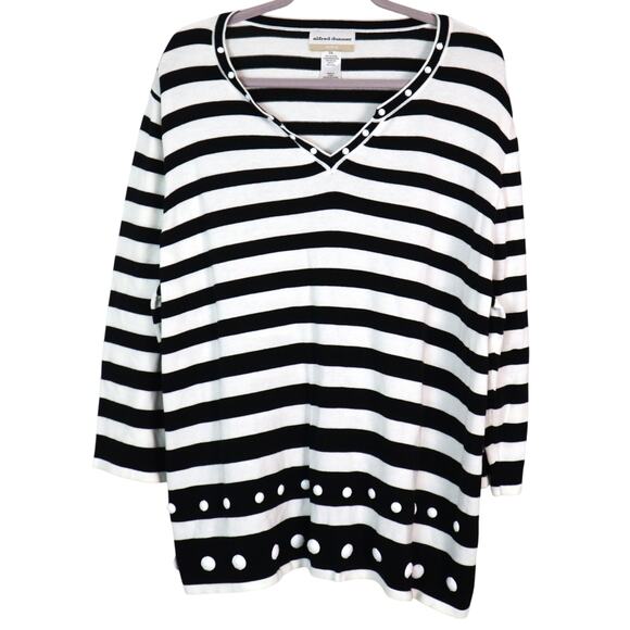 NWT Alfred Dunner Black White Striped Sweater COTTON Beaded Rhinestone PLUS 2X - Picture 1 of 8